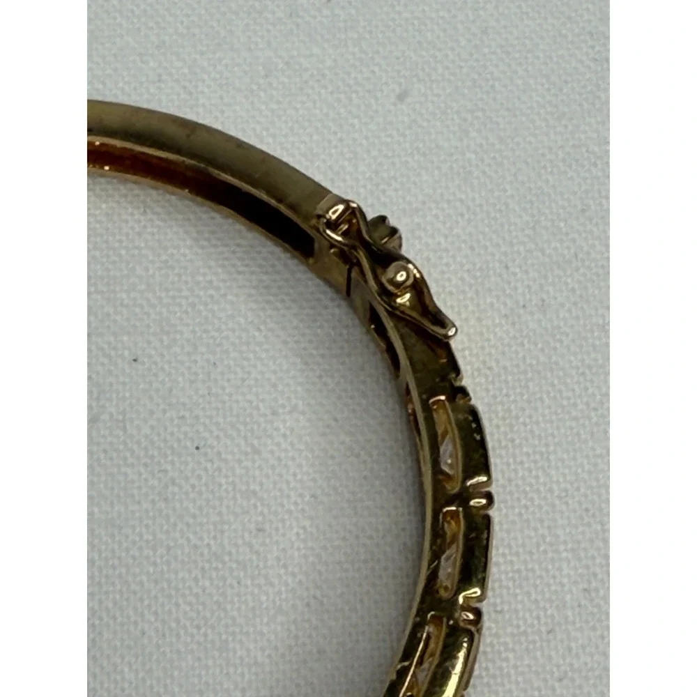 925 Sterling Silver Gold Tone Princess Cut CZ Hinged Bangle Bracelet